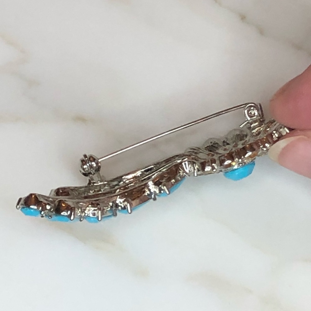 Unique Turquoise Tan Rhinestone Brooch - Picture 4 of 9